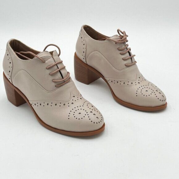 FOWT Beige Perforated Lace-Up Oxfords Almond Toe Mid Chunky Heel Brogues Shoes - Picture 1 of 5
